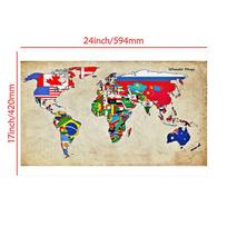 Meno pagrindo audinys Retro pasaulio žemėlapis su nacionalinėmis vėliavomis Sieninis plakatas, be rėmo namams, geografijos įrankiams, kelionėms 24x17inch (59x42cm) red