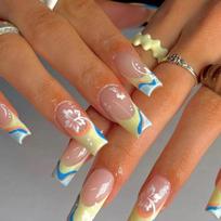 Wear nail piece blue and yellow color matching French edge white flower fake nail patch nail art product