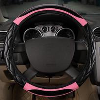 Carbon Fiber Elastic Steering Wheel Cover with Diamond Quilting 38cm rožinė