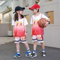 Children's No. 23 jersey set, short-sleeved T-shirt, basketball jersey, fake two-piece performance jersey, children's jersey, student training jersey. 16 (height 85-90cm) raudona