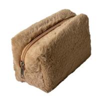 Plush Cosmetic Bag Portable Travel Makeup Bag Fuzzy Toiletry Bag for Women Skincare Products Makeup Brushes chaki