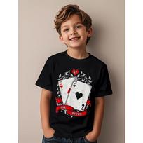 Boys Crewneck T-Shirt, Black Playing Card Print Red 6 Heart & Black 7 Spades Graphic Casual Summer Tee 110 juoda