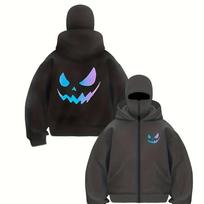 Spring and Autumn Unisex Fashion Trend Casual Double Hat Zipper Hoodie Devil Print with Fleece S