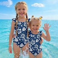 Girls One Piece Swimsuit Hawaiian Print Kids Swimwear Toddler Child Beachwear Sleeveless Ruffle Shoulder Bathing Suit for Summer Pool 130 tamsiai mėlyna