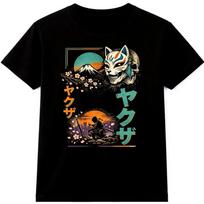 Samurai T Shirt Japanese Kitsune Mask Mount Fuji Cherry Blossom Kanji Tee L