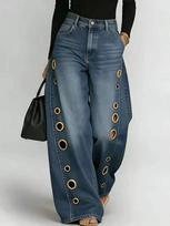 Women's High Waist Wide Leg Jeans Blue Denim Gold Eyelet Cutout Decor Loose Fit Streetwear Casual Y2K Denim Trousers S tamsiai mėlyna spalva
