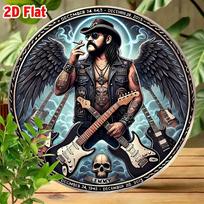 D Flat Lemmy Kilmister Motorhead Tribute Wings  Guitars Round Metal Tin Sign  Retro Rock  Roll Themed Wall Decor Vintage 20x20cm(8x8inch)