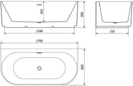 Mexen Sella laisvai stovinti priglaudžiama rifliuota vonia 170 x 80 cm, blizgi balta, juodas perpylimas - 52711708000-70, 170 x 80 cm