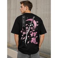 Men's Oversized Black T-Shirt with Japanese Katana & Cherry Blossom Graphic, Short Sleeve Crew Neck Soft Cotton Blend for Streetwear Casual Wear S juoda