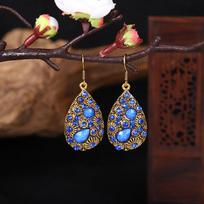 Ethnic Bohemian Vintage Crystal Rhinestone Acrylic Water Drop Dangle Earrings For Women Carved Antique Gold Color Boho Earrings karališkos mėlynos spalvos