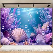 The decorative tarpaulin for the underwater mermaid themed party features a vibrant design of sea stars and shells. 47.2x31.5inch/120*80cm