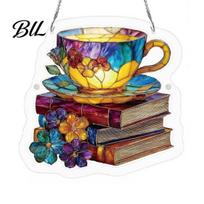 No Glue Suncatcher Assembly Floral Tea Cup And Book Suncatcher, Stained Glass Effect Window Hanging Ornament, DIY Acrylic with Chain Sun Catcher A