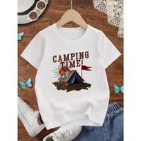 European sizes Girls' Basic Sport Short-Sleeve T-Shirt  CAMPING TIME!  Tent Print, Refreshing for Summer, Outdoor Adventure 110 balta