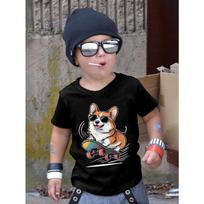 Boys Corgi Print Crewneck Short Sleeve Tee, Summer Kids Casual Undershirt Basic Bottoming Shirt 110 juoda