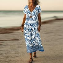 Vasaros suknelė Moteriška ilga Boho paplūdimio suknelė Elegantiška Maxi suknelė V formos iškirpte Trumpomis rankovėmis Vasarinė tunikos suknelė Lengva, orui laidi M balta