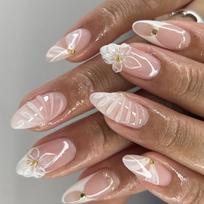 3D Flower Design Press On Nail Medium Short Almond Shape ABS Fake Nail For Parties Weddings Vacations 1