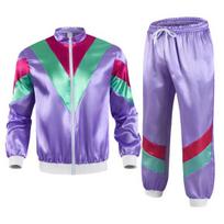 80-ųjų moterų sportinio kostiumo rinkinys Retro hip-hop disko apranga Spalvota striukė elastinga juosmens kelnių rinkinys Laisvalaikio sportinė apranga XXL violetinė