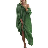 Yousheng Women Dress Slant Neck Shirring Long Lantern Sleeves Loose Pure Color Pleated Full Length Vacation Beach Robe Maxi Dress M žalia