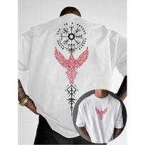 Men's Oversized White Cotton T-Shirt with Norse Viking Compass & Red Tribal Eagle Graphic, Short Sleeve Crew Neck, Streetwear Style for Casual Daily S juoda