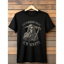 men's black short sleeve t-shirt with grim reaper graphic, crew neck, relaxed fit, soft cotton feel, german text design for casual daily wear S juoda
