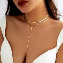 Double Layer Flat Herringbone Lariat Y Necklace 14K Gold Plated Triangle Point Drop Long Snake Chain Minimalist Stacked Choker Women Statement Jewelry