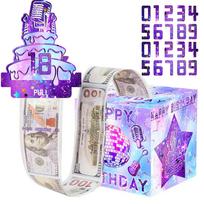 Birthday Surprise Money Pulling Box, Holographic Cash Gift Box with Customizable Cake Topper for Party Decor