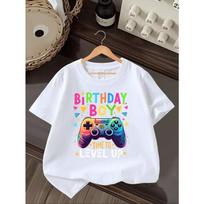 European sizes Boys' T-shirt Birthday Boy Game Controller Level Up, Ideal for Outdoor Activities, Soft Knitted Top, Comfortable And Breathable 110 balta