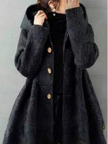 Women's Japanese-Korean Buttoned Herringbone Wool Hooded Coat Medium