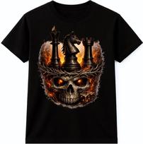 Skull T-Shirt Chess Graphic King Knight Rook Fiery Dark Fantasy Strategy Tee S