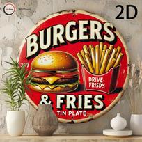 D Flat Burgers  Fries DriveIn Frisby Retro Diner Round Metal Tin Sign  Vintage Fast Food Themed Wall Decor Distressed Red 20x20cm(8x8inch)