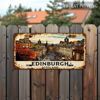 D bemol Edinburgas Škotija Aliuminio plokštė (xcm) Senamiesčio Iliustracija Retro Metalinė Plokštelė su Senstančiu Kraštu Lauko Dekoracija 15x30cm(5.9x7.8inch) black