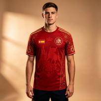 Vyriški greitai džiūstantys futbolo marškinėliai, raudoni Ispanijos nacionalinės komandos auksinio jautrio katedros reljefinio spaudinio futbolo gerbėjo trumpomis rankovėmis treniruočių marškinėliai S raudona