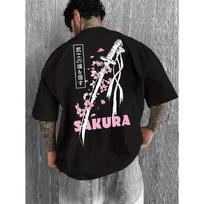 Men's Oversized Black T-Shirt with Japanese Katana & Sakura Graphic, Short Sleeve Crew Neck Soft Cotton Tee for Streetwear Casual Daily Wear S juoda