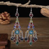 Fashion Ethnic Women's Crystal Flower Drop Tassel Long Earrings Wedding Jewelry Vintage Statement Bohemian Earrings Brincos įvairiaspalvis