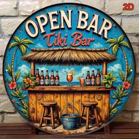 Vintage Tropical Beach Tiki Bar Metal Sign x Inch Round Open Bar Wall Art 20x20cm(8x8inch)