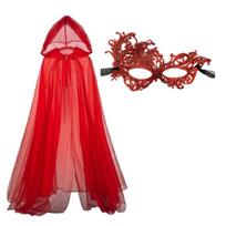 Elegant Hooded Cloak And Decorative Face Mask Theatrical Cape Accessory For Theatrical Performances And Halloween raudona