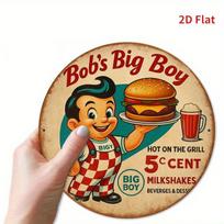 Vintage Rustic Bobs Big Boy Retro Burger Diner Food Advertisement D Flat Round Metal Tin Sign Wall Art Plaque For Kitchen Cafe 20x20cm(8x8inch) beige