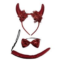 3Pcs Red Devil Horn Headbands With Matching Bows Ties Tails Costume Party Dressing Up Accessories Kit 1 raudona