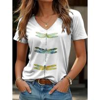 Women Summer T Shirt Dragonfly Pattern Print Short Sleeve Tees Casual Printed Tops XS smėlis