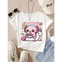European sizes Girls' Magical Rainbow Moon & Salamander (or unicorn) Print Short-Sleeve T-Shirt - Spring Summer Fall Casual Round Neck Blouse 110 balta