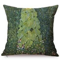 Famous Painter Gustav Klimt Flower Grass Farmhouse Vintage Rural Scenery Oil Painting Decorative Pillows Case Sofa Cushion Cover Peach skin 18*18(CM)-1Pcs
