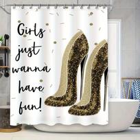 Luxurious Golden High Heel Design Waterproof Shower Curtain For Bathroom Decoration Girls Just Wanna Have Fun W60H190(CM)-1 Pcs