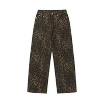 Unisex džinsai leopardo raštu Hip Hop plačios kojos laisvos tiesios kišenės mygtukais Užsegamas užtrauktuku Minkšta gatvės apranga Jaunų suaugusiųjų ilgos kelnės 2XL Leopard Print
