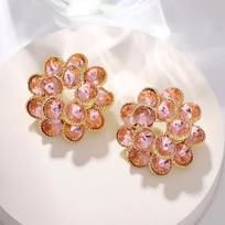 French Floral Crystal Drop Earrings With Double Layer Waterfall Design For Women Cherry Pink