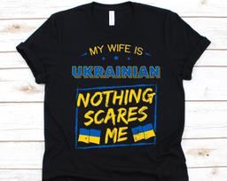 Mano žmona yra ukrainietė Nieko nebijau Marškinėliai, Ukrainos vėliavos dizainas, Vestuvių dovana vyrui, Santuokos marškinėliai, Ukrainietės žmonos marškinėliai M