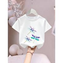 European sizes Gradient Dragonfly  Letter/cartoon Print, Girls' Short-sleeve T-shirt, Cool and Breathable for Spring/summer Wear 110 balta