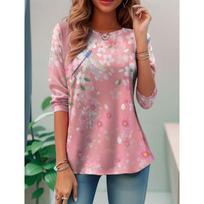 Women's T-shirt 3D Print Cute Dragonfly Petals Print Casual Long Sleeve Round Neck Regular Top Daily Print Pink Spring T-shirt S