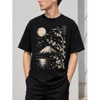 Men's Japanese Style Graphic Tee with Mount Fuji and Cherry Blossom Print, Soft Cotton Crew Neck Short Sleeve T-Shirt for Casual Daily Wear S juoda