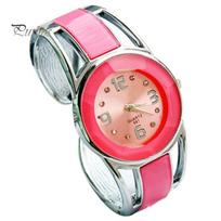 Women Fashion Opening End Quartz Analog Round Case Bracelet Bangle Wrist Watch rožinė