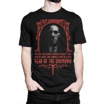 Men's black short-sleeve crewneck tee with H.P. Lovecraft portrait and “Fear of the Unknown” quote in vintage red gothic frame, soft cotton feel, S juoda